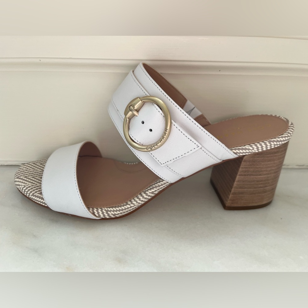 Cole Haan Size 9 Stacked Block Heel Slides White Woven Matte Gold Buckle NWB